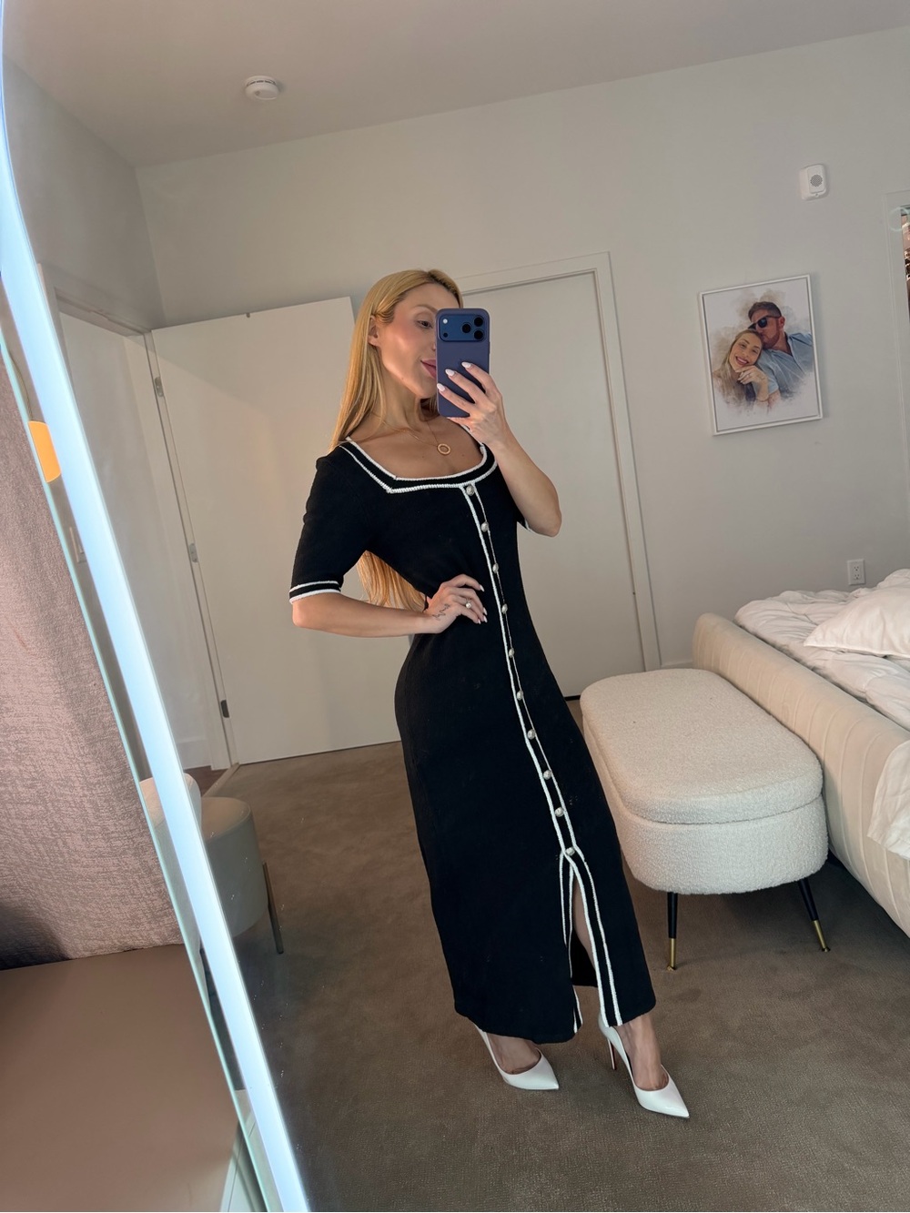 Black Midi Knit Dress with White Contrast Trim
